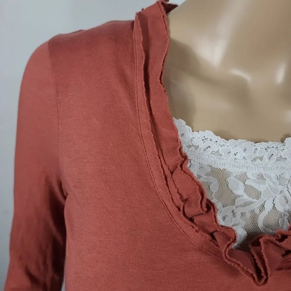 J.crew Burnt Orange long Sleeve Ruffled Neck Top